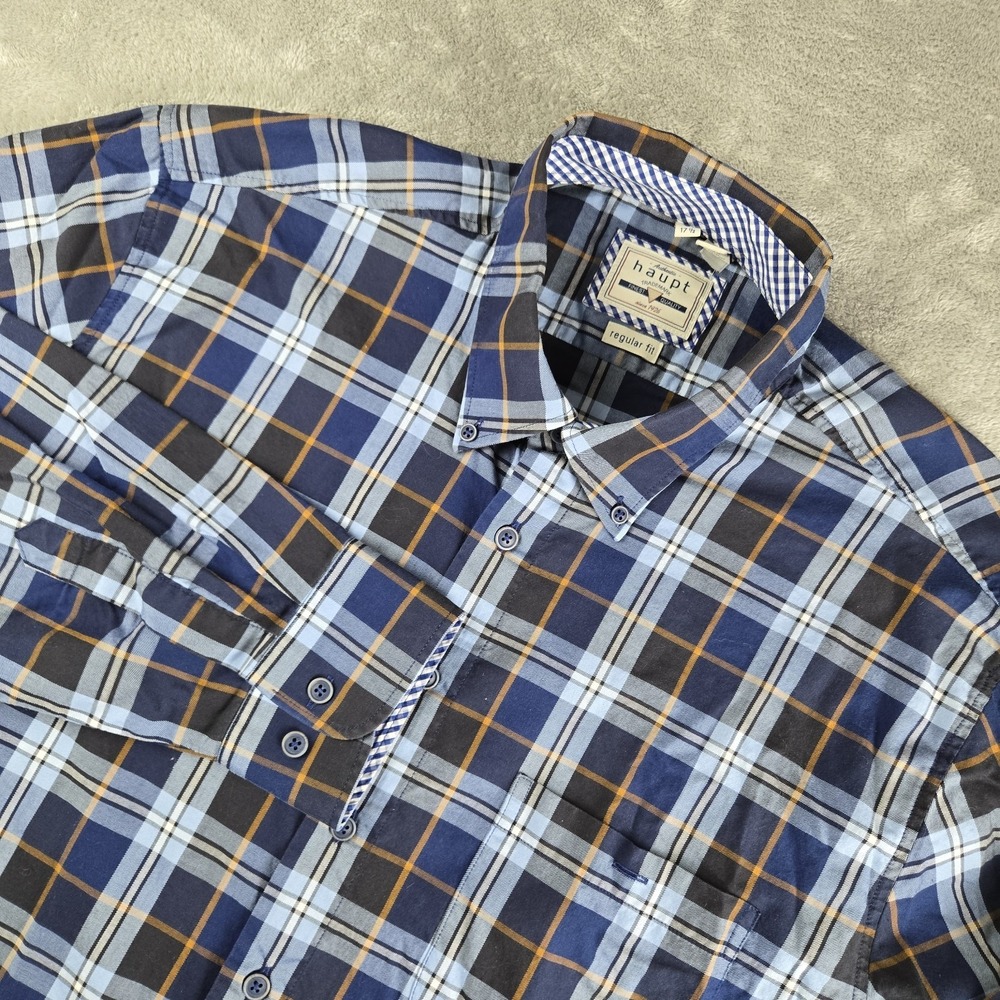 Haupt Germany Shirt Mens XL 43/44 17.5 Blue Plaid Regular Fit Made In Romania